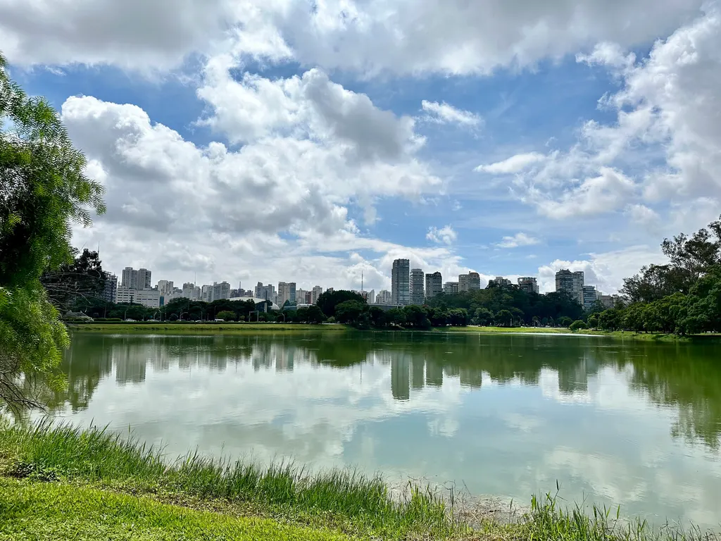 Lago do Parque Ibirapuera com árvores na margem e os prédios de São Paulo ao fundo