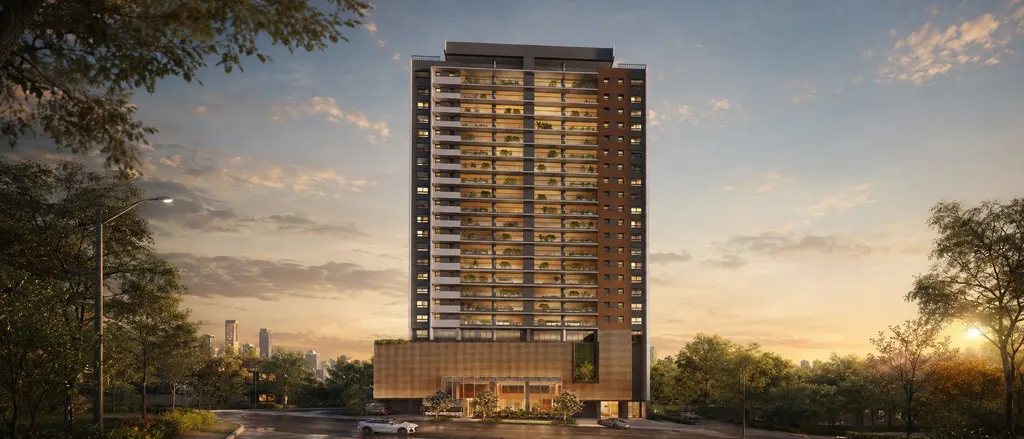Perspectiva ilustrada de torre residencial ao entardecer, com embasamento iluminado e árvores ao redor