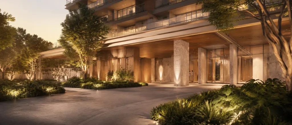 Perspectiva ilustrada de entrada de edifício residencial ao entardecer, com árvores, folhagens e iluminação baixa entre os canteiros