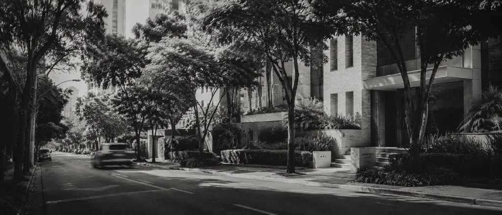 Rua residencial arborizada em preto e branco, com prédios recuados atrás de jardins e árvores na calçada