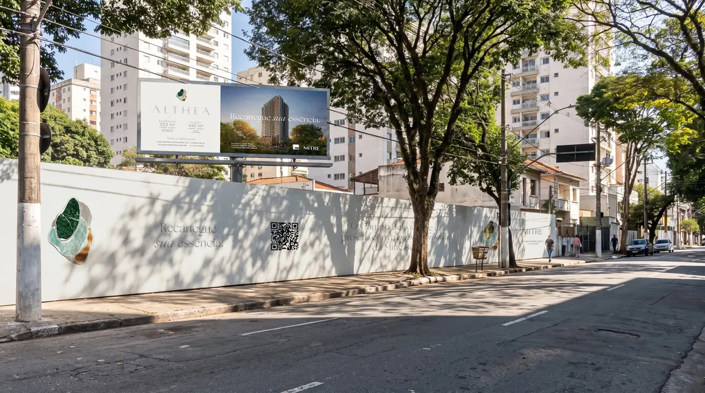 Tapume do Althea por Mitre em rua arborizada do Campo Belo